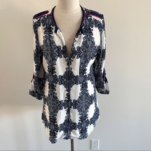 Soft Surroundings Printed Navy Blouse Button Up - Picture 1 of 8